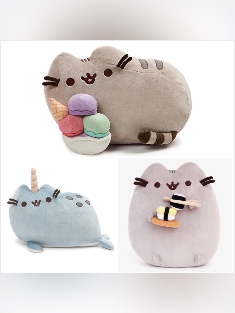 Pusheen The Cat. Bundle of 3 🐱✨ Gund Plush Set | Sushi 🍣 Ice Cream 🍦 Narwhal 🐋